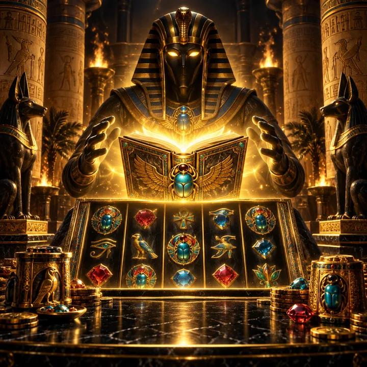 Egyptian book slot scene with glowing book, gold reels and jewel symbols