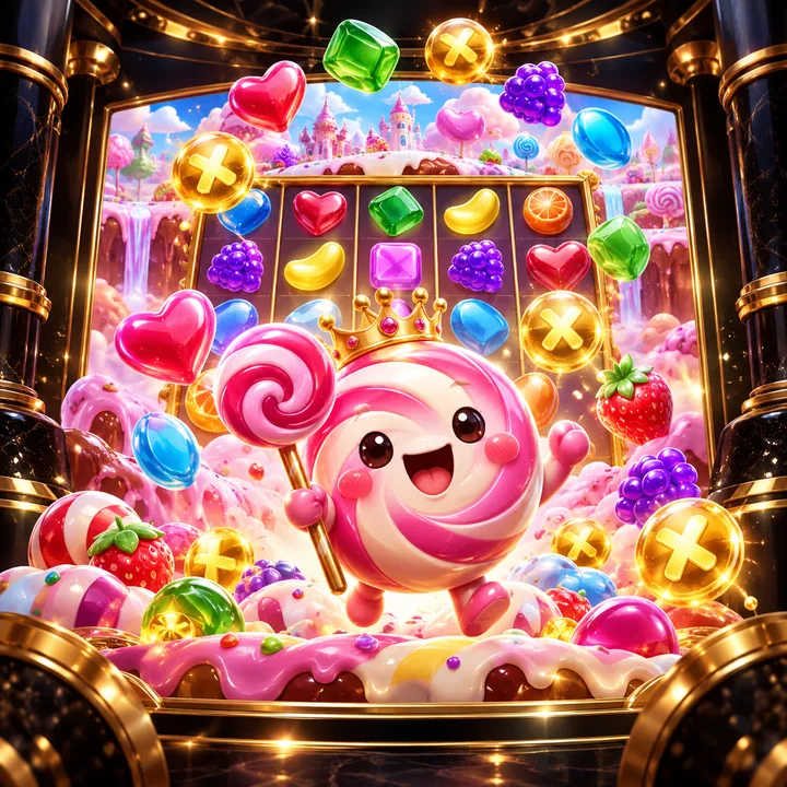 Fantasy candy slot scene with gems, stars and casino lights