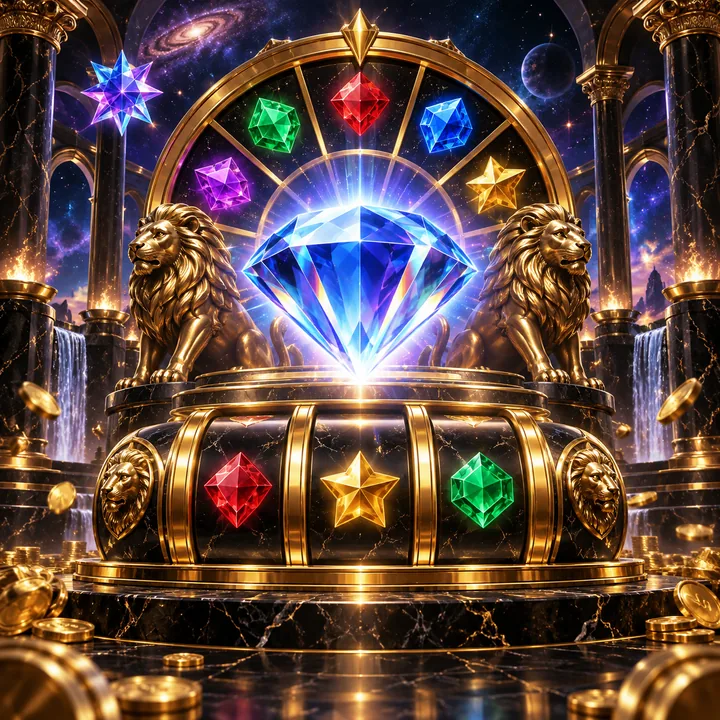 Jackpot slot scene with gold wheel, glowing gems and casino lights