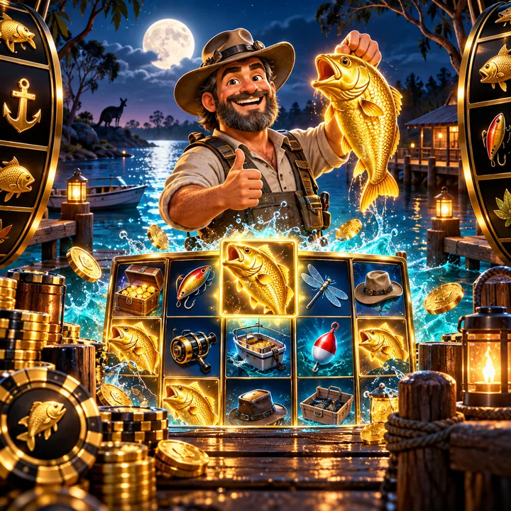 Fishing pokie scene with water, gold fish symbols and casino reels