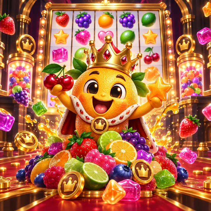 Fruit and candy slot scene with bright reels and gold crown chips