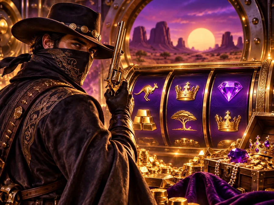 Masked outlaw beside purple and gold pokies reels