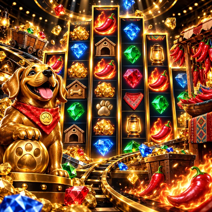 Fiery slot scene with chilli symbols, tall reels and gold casino trim