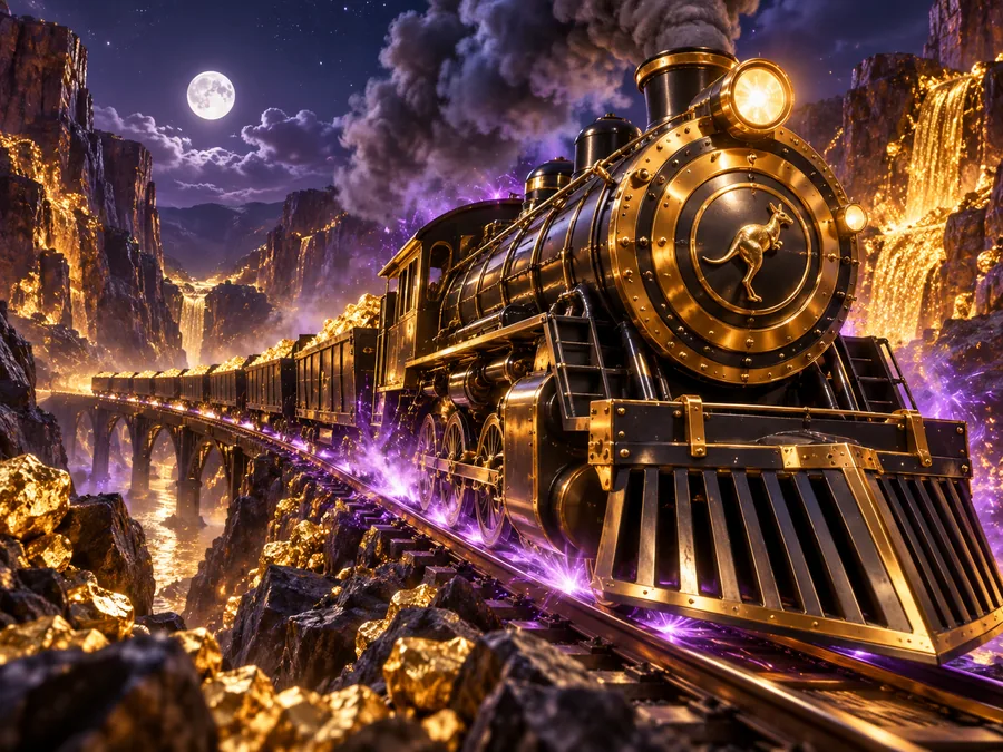 Gold steam train racing through a purple canyon