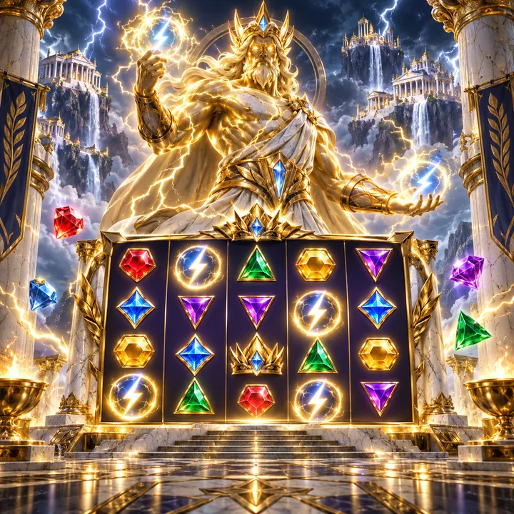 Mythology slot scene with lightning, gold reels and jewel symbols