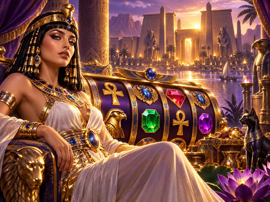 Egyptian queen beside jewel covered pokies reels