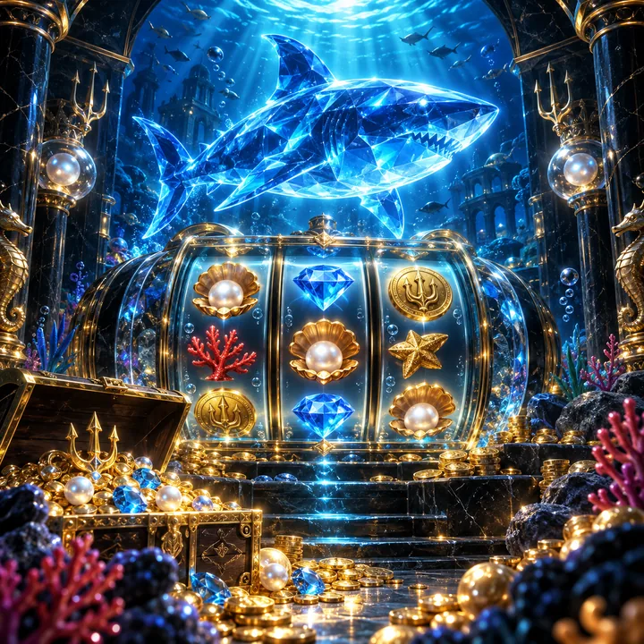 Underwater treasure slot scene with crystal shark shape, pearls and gold reels