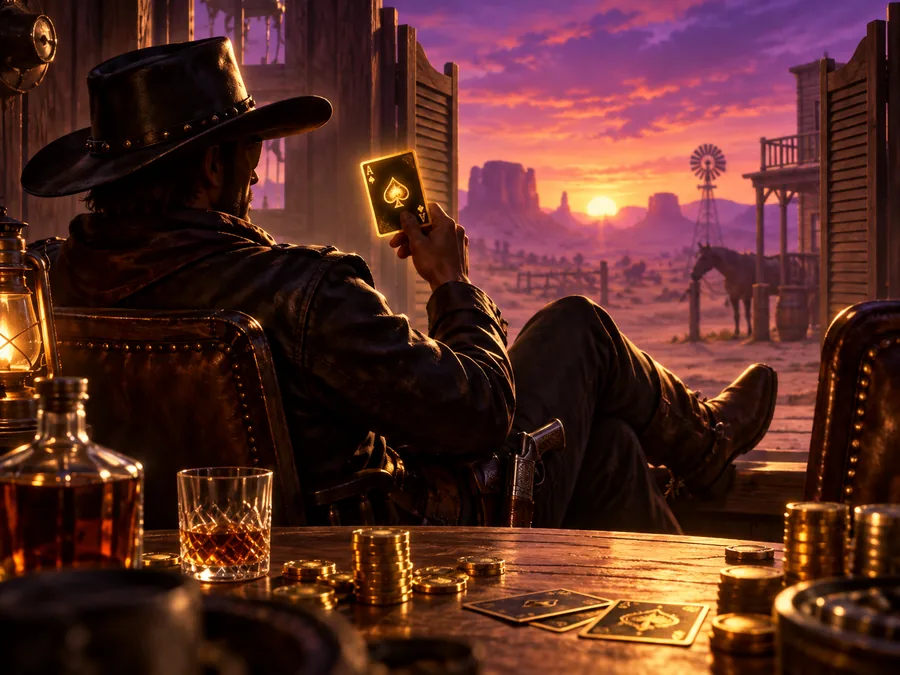 Western gunslinger in a sunset casino saloon