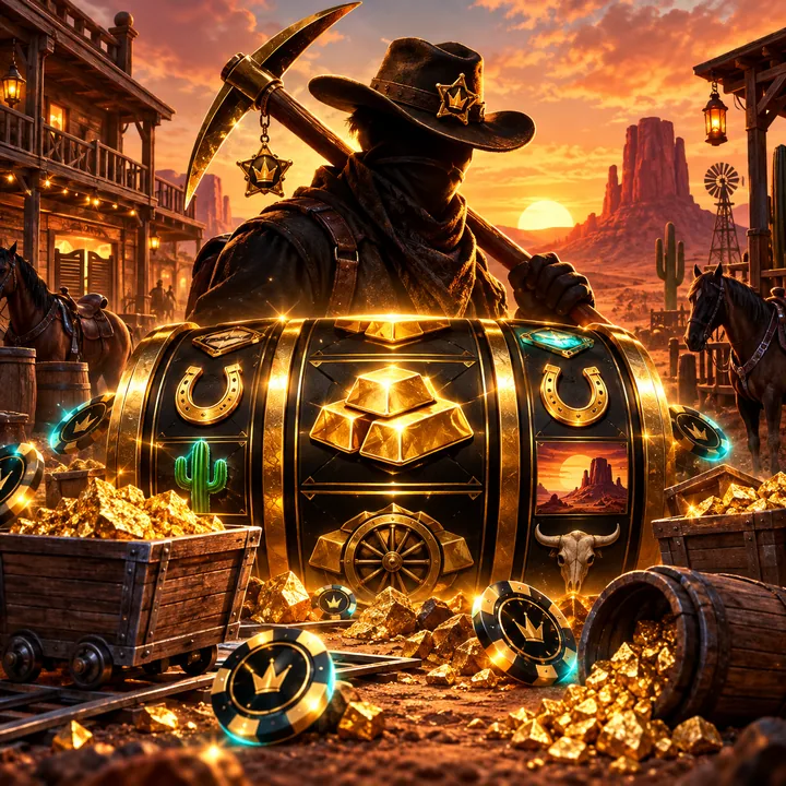 Western gold slot scene with sunset, reels, gold bars and casino chips