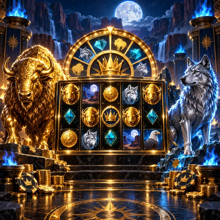 Wild jackpot slot scene with moonlight, gold reels and blue casino glow