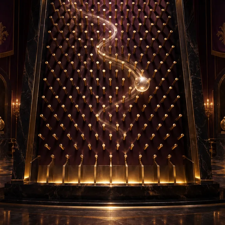 Casino reels, playing cards, chips and a roulette wheel in gold tones